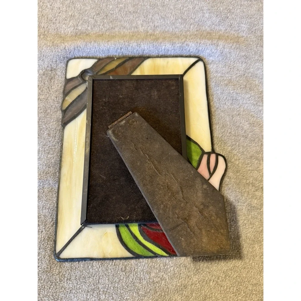 Vintage Colorful Stained Glass Picture Photo Frame W 3D Rose Floral Motif 1990s